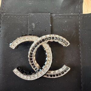 CHANEL Black and Silver Crystal Brooch